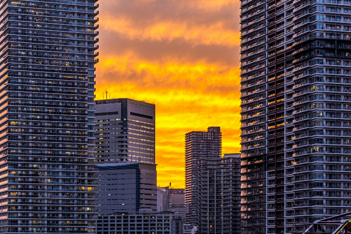 a group of tall buildings in a city